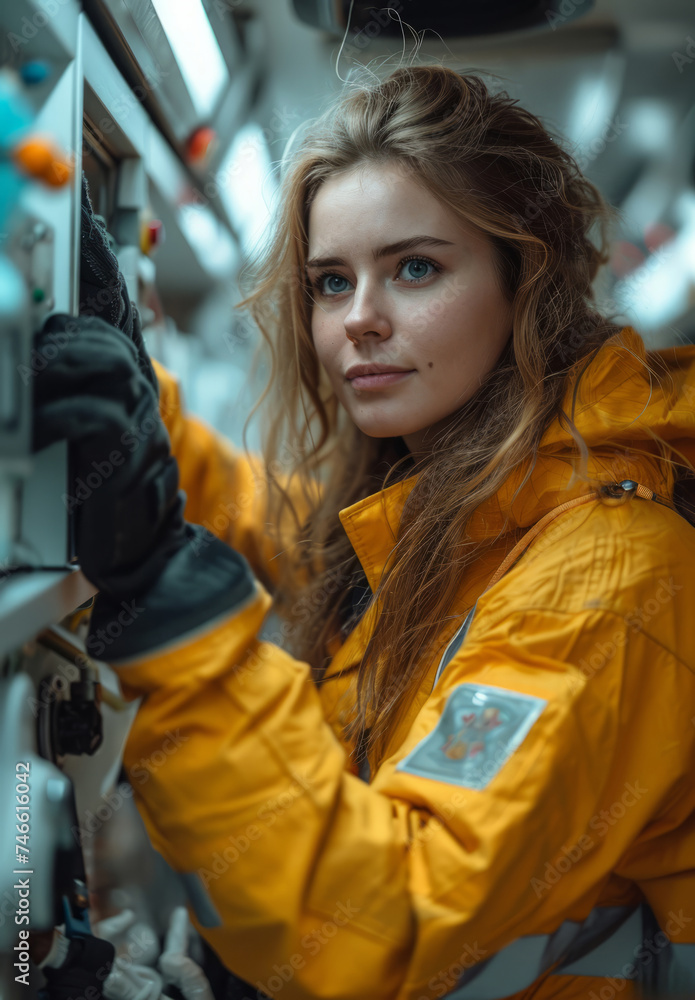 Beautiful young woman works as professional sailor on vessel.