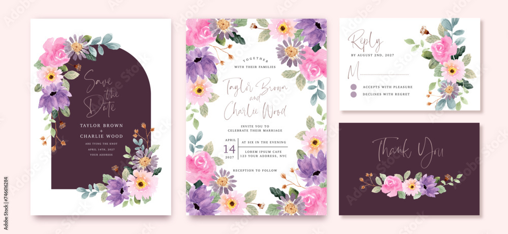 wedding invitation set with purple pink floral watercolor frame