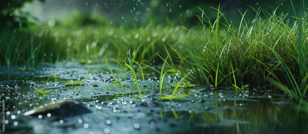 A stream of water flows steadily, with vibrant green grass sprouting and thriving from its bed. The scene depicts the resilience and vitality of nature. A stream of water flows steadily, with vibrant green grass sprouting and thriving from its bed. The scene depicts the resilience and vitality of nature.