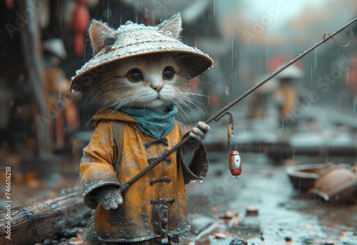 Cat fishing in the rain
