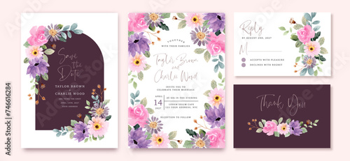 wedding invitation set with purple pink floral watercolor frame