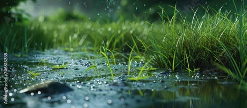 A stream of water flows steadily  with vibrant green grass sprouting and thriving from its bed. The scene depicts the resilience and vitality of nature.