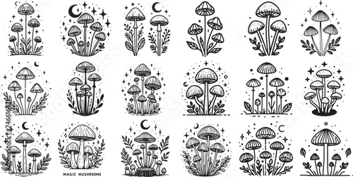 decorative magic psychedelic mushrooms, collection set of single thin line drawn minimalistic doodle collection