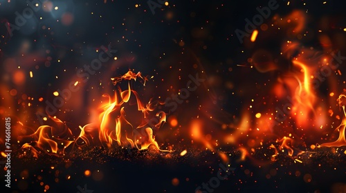 Fire flames on black background. fire flames and sparks with horizontal repetition on dark background, digital ai
 photo