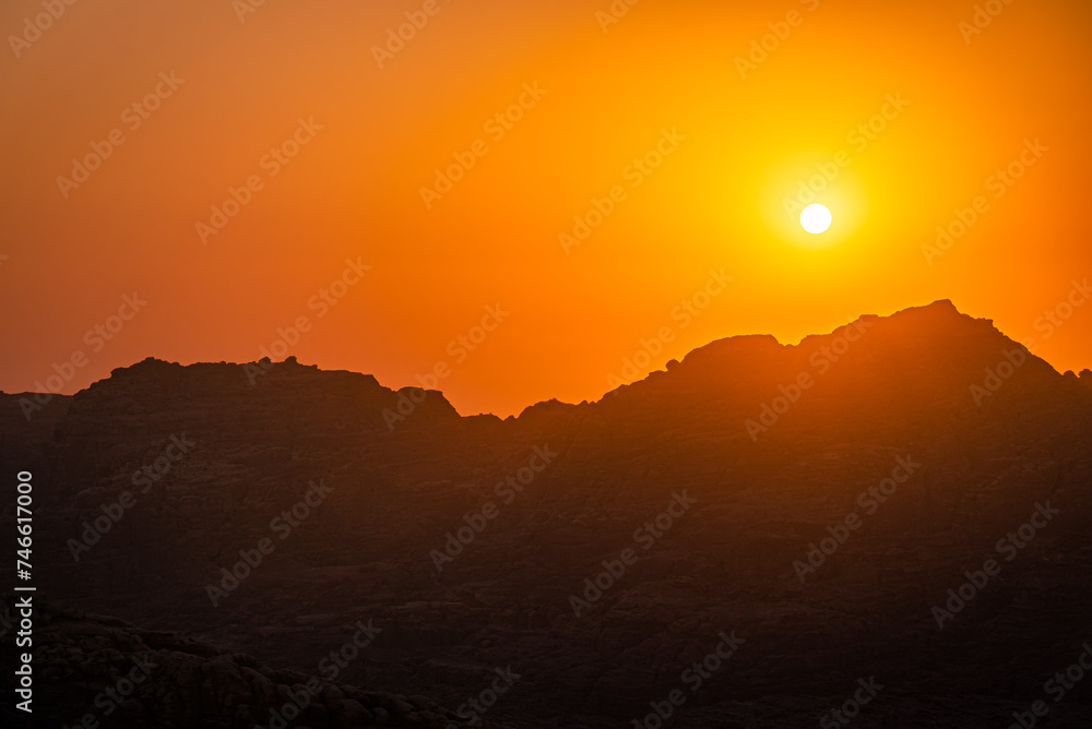 Stunning sunset over the hills in Wadi Musa near Petra, Jordan