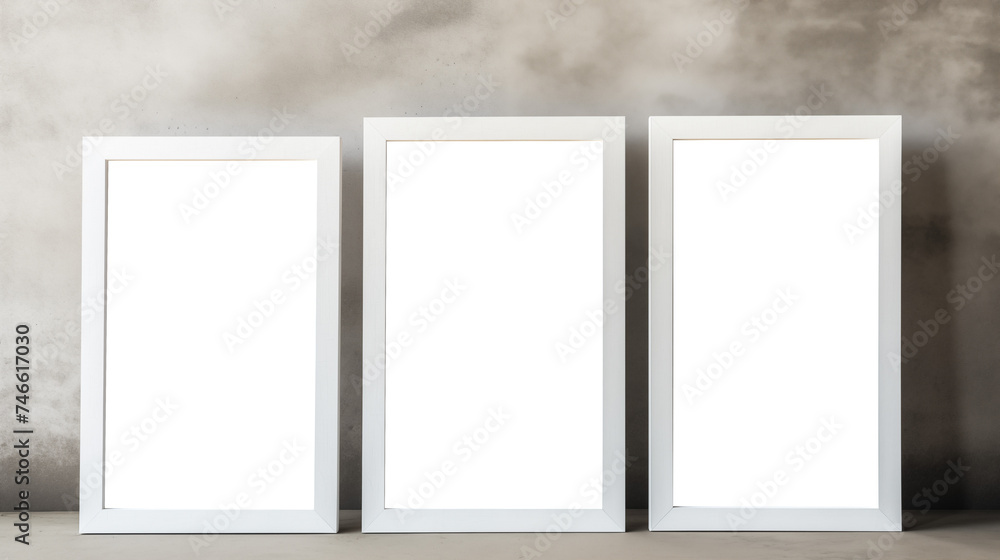 set of 3 clean white blank transparent photoframe on concrete background set of 3 clean white blank transparent photoframe on concrete background