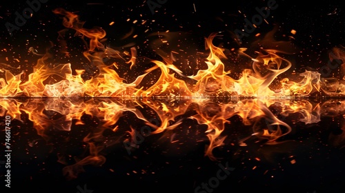 Fire flames on black background. fire flames and sparks with horizontal repetition on dark background, digital ai 