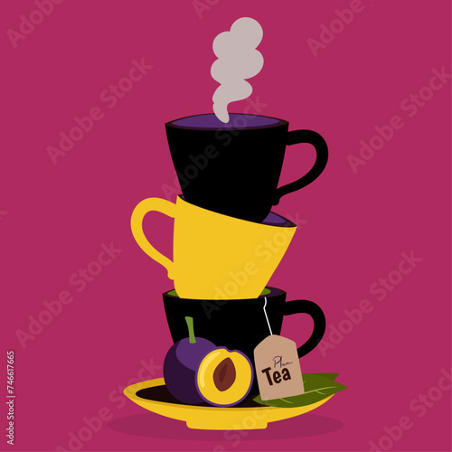 Flat Design Illustration With Three Cups Tea at Plum Taste
