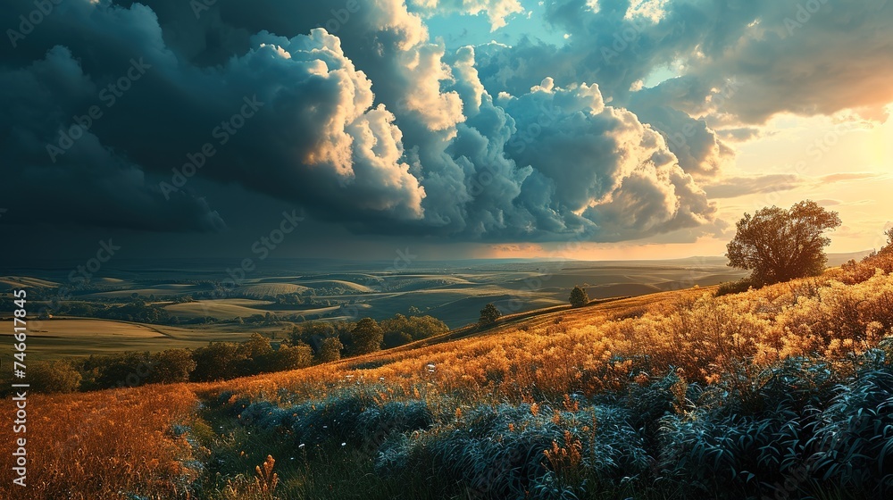 a bright green field with clouds above, in the style of vivid dreamscapes, windows vista, dark blue and orange, i can't believe how beautiful this is, spectacular backdrops, large canvas format - obrazy, fototapety, plakaty 