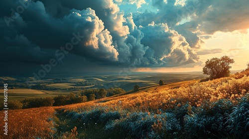 a bright green field with clouds above, in the style of vivid dreamscapes, windows vista, dark blue and orange, i can't believe how beautiful this is, spectacular backdrops, large canvas format photo