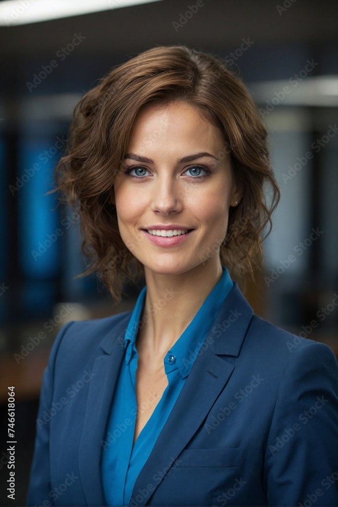 Smiling Woman in Blue Suit. Generative AI. Smiling Woman in Blue Suit. Generative AI.