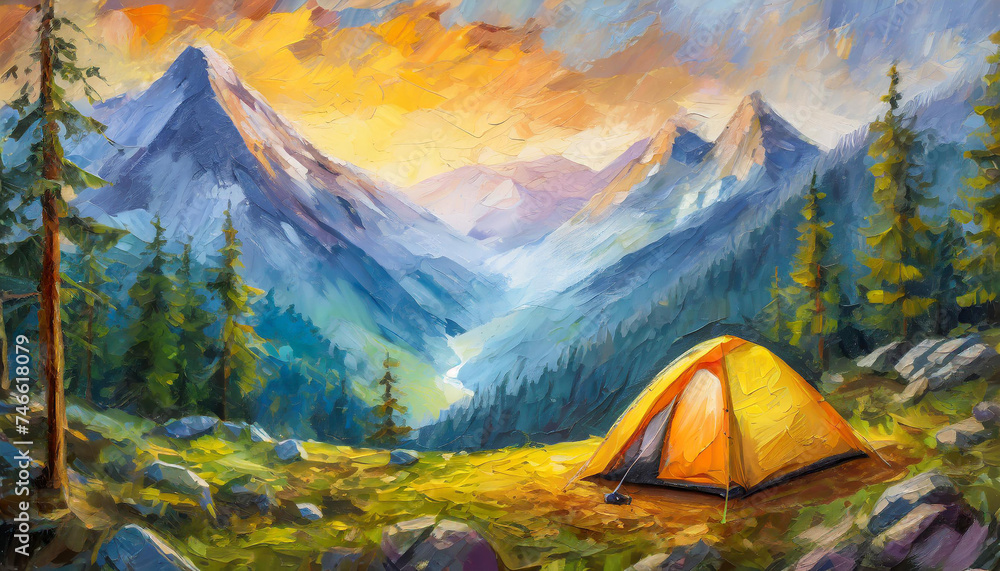 Oil painting camping site and landscape mountains forest, camp tent in the woods, summer outdoor - obrazy, fototapety, plakaty 
