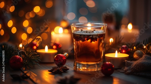hot tea in thermo glass with christmas decor and burning candles at home