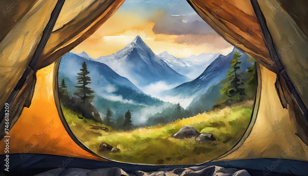Point of view from tourism camping tent on forest and mountains, nature landscape, oil painting