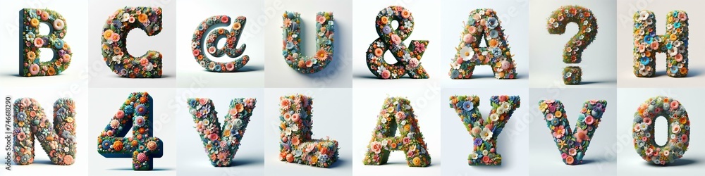 Flowers 3D lettering typefavce. AI generated illustration