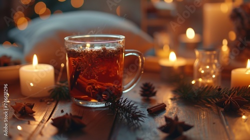 hot tea in thermo glass with christmas decor and burning candles at home