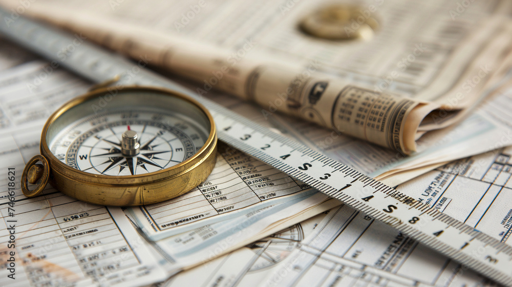 Close-Up of Compass and Ruler on Financial Documents Close-Up of Compass and Ruler on Financial Documents