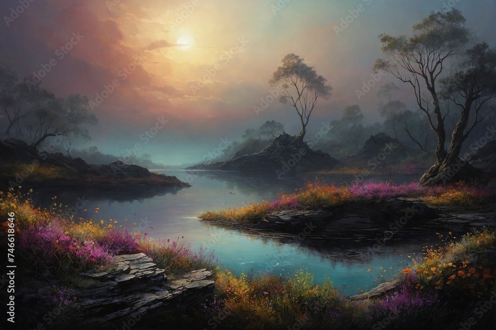 Serene Dusk Over a Tranquil Lake Surrounded by Wildflowers and Trees. Generative AI.