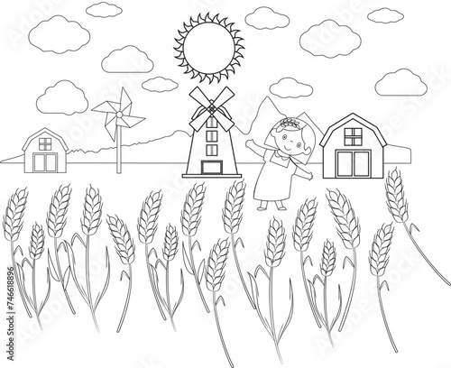 The girl in wheat field and house, sun, grain and mill
