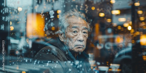 A senior Asian American man  with his distinguished features  cherishes a tranquil coffee moment within a double exposure image.