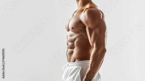 Slim muscular male model with six pack and white shorts on white background. Man with six pack abs. Slim body with cellulite or healthy, fit, muscular, underwear, guy, attractive. AI