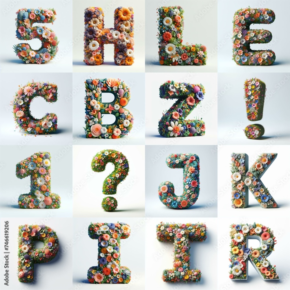 Naklejka premium Flowers 3D lettering typefavce. AI generated illustration