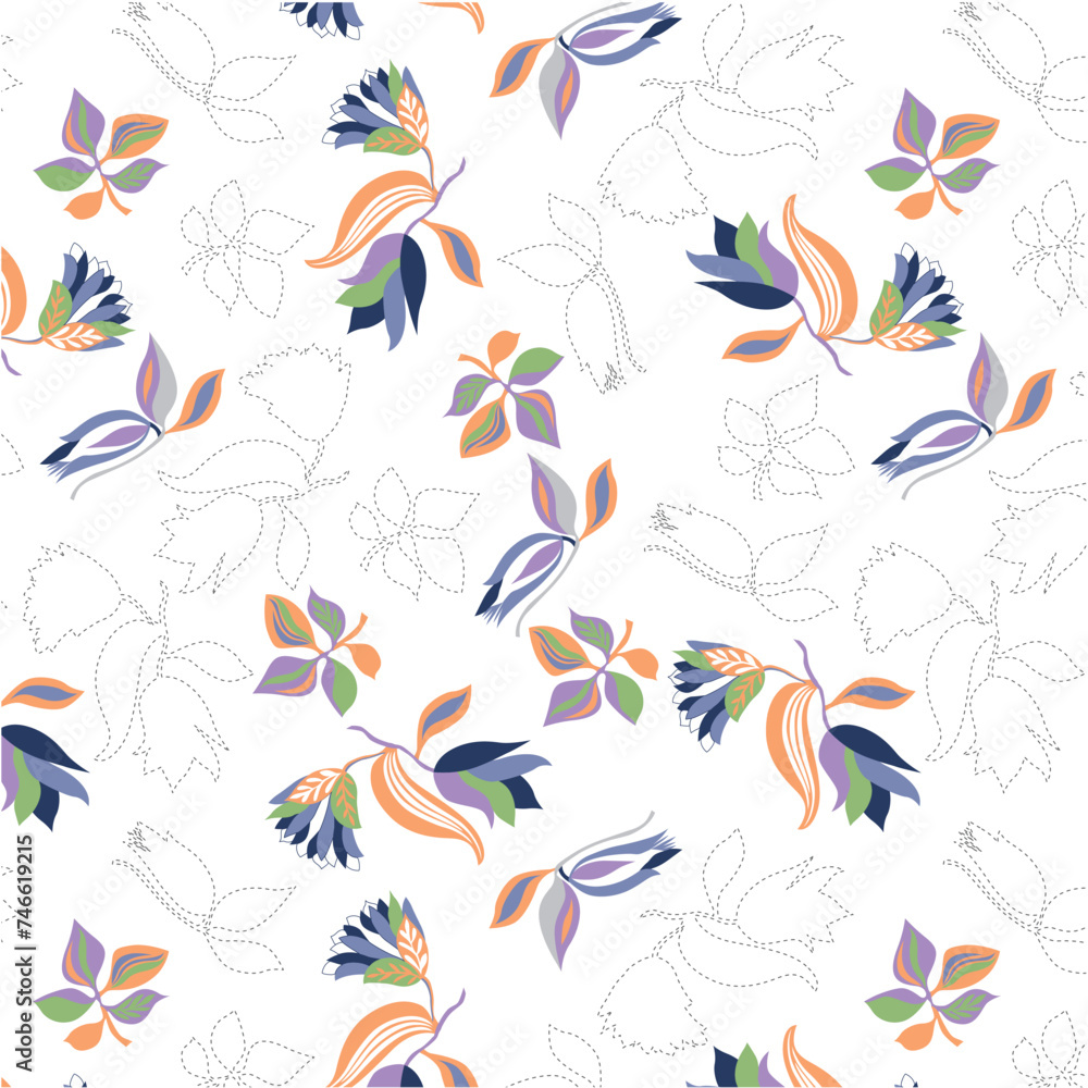 Floral tulips and leaves with dashed silhouette pattern
