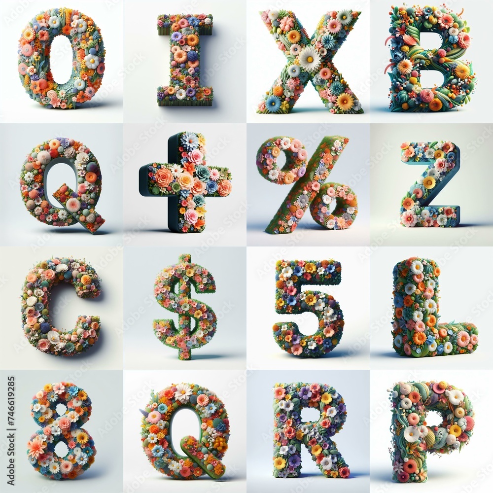 Naklejka premium Flowers 3D lettering typefavce. AI generated illustration
