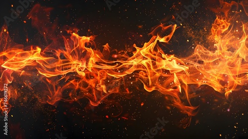 Fire flames on black background. fire flames and sparks with horizontal repetition on dark background, digital ai
