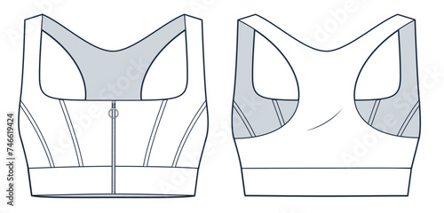  Zipped Sports Bra technical fashion illustration. Crop Top fashion flat technical drawing template, front zipper, slim fit, front and back view, white, women Activewear CAD mockup.