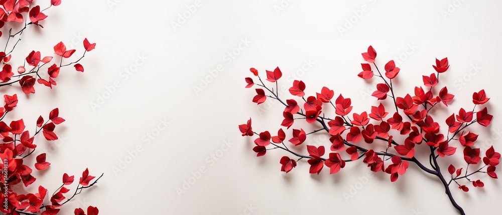 Red leaves with stems with copy space for text mockup Generative AI