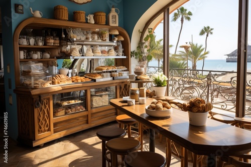 a cafe and bakery with a refrigerator and some other items, in the style of naturalistic ocean waves, airy and light, goa-insprired motifs, light white, eco-friendly craftsmanship, traditional, cottag photo