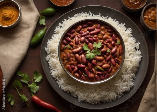 Rajma Chawal, North Indian comfort food with red kidney beans in flavorful gravy, served with Rice and green salad. photo