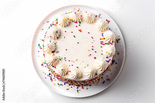 A top-down view of a delightful funfetti birthday cake, radiating joy on a perfectly white surface, ready to make any celebration memorable.