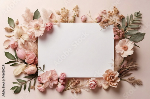 Greeting card mockup and beautiful pink flowers frame on beige background with copy space. Empty blank sheet card mock up for holiday greetings, invitation. Mother's day, birthday