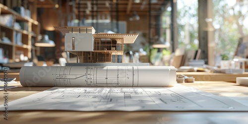 A detailed architectural scale model with accompanying blueprints spread out on a well-lit, organized work desk in an office.