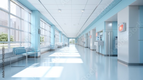 A long  bright hospital corridor with rooms and seating.