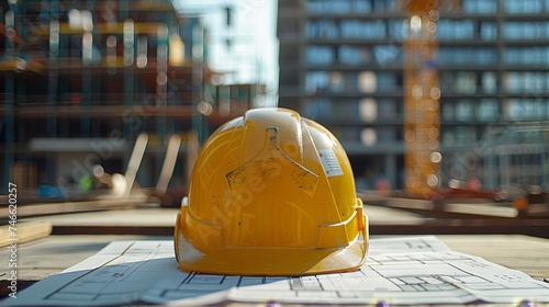 Close-up of a worn yellow hard hat resting on architectural plans at a construction site with blurred background.