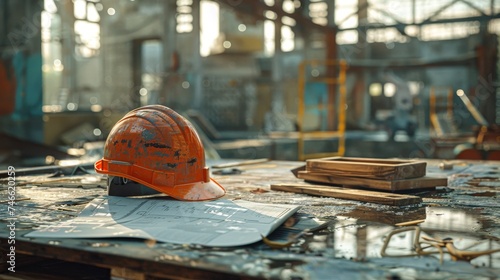 An orange, well-used safety helmet lies on top of construction blueprints on a dusty worktable, with industrial surroundings. © Sodapeaw