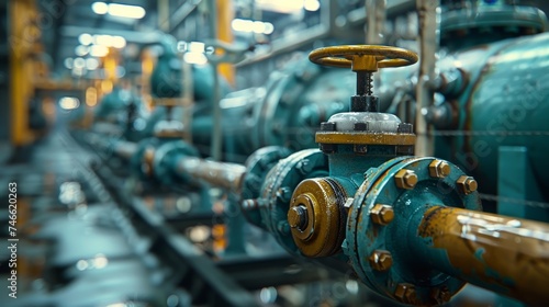 Focused view of a yellow valve on weathered blue pipes, with defocused industrial machinery in the background. photo