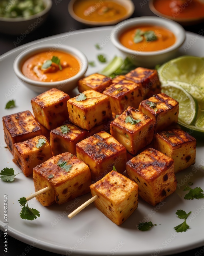 Paneer Tikka Kabab  - is an Indian dish made from chunks of cottage cheese marinated in spices & grilled in a tandoor. Served in a plate with salad & green mint chutney. Selective focus