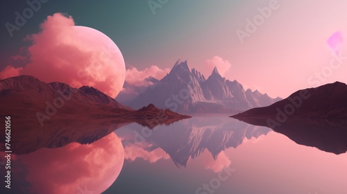 A surreal minimalistic landscape with mountains and a lake with reflection. Pink clouds in the sky above the mountains © CaptainMCity