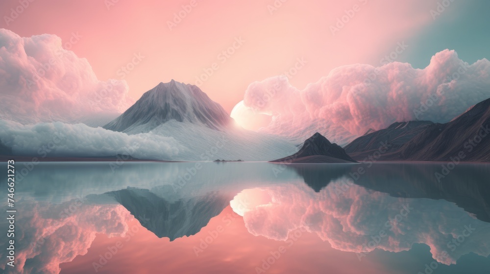 A surreal minimalistic landscape with mountains and a lake with reflection. Pink clouds in the sky above the mountains - obrazy, fototapety, plakaty 