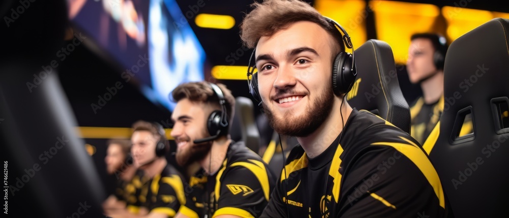 e-sport professional competing concept. Gamers earning money during a tournament. Esport Team of Pro Gamers Play in Video Game on a Championship Arena. Online Tournament Event. Generative ai e-sport professional competing concept. Gamers earning money during a tournament. Esport Team of Pro Gamers Play in Video Game on a Championship Arena. Online Tournament Event. Generative ai