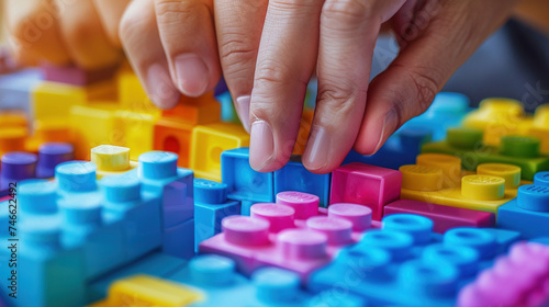 Close-up of hands assembling building blocks, depicting hands-on learning photo