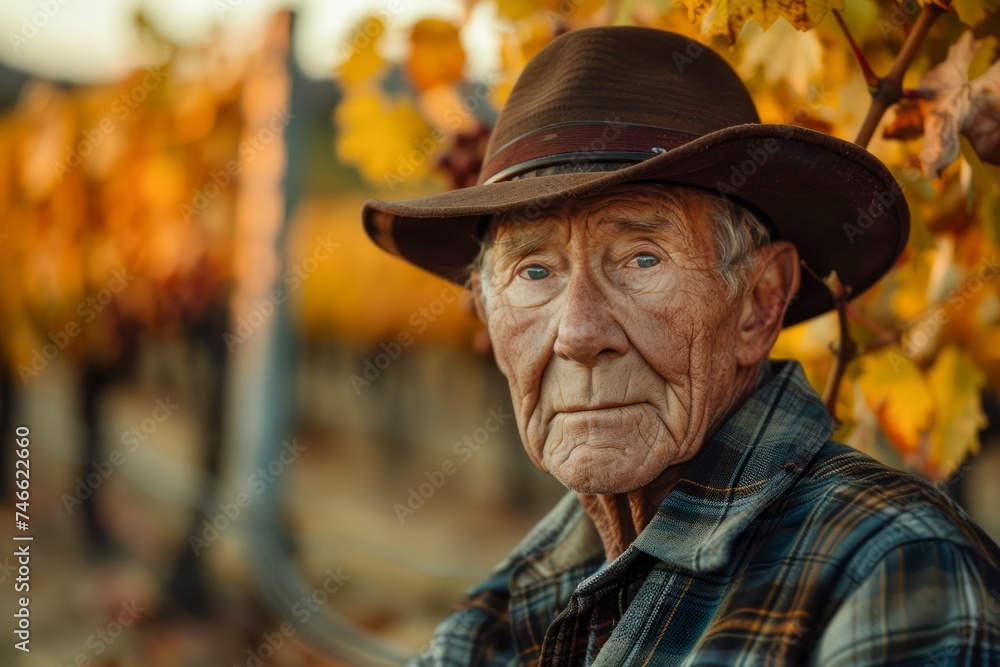 Elderly Farmer in a Hat Posing for a Portrait Amongst Vibrant Autumn Vineyard Leaves at Sunset Elderly Farmer in a Hat Posing for a Portrait Amongst Vibrant Autumn Vineyard Leaves at Sunset
