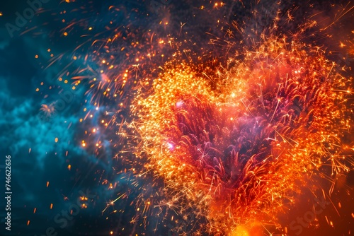 A stunning display of fireworks forming a giant sparkling heart in the night sky, with vibrant bursts of color and shimmering trails of light illuminating the surroundings.