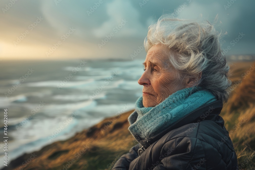 Serene Senior Woman with White Hair Enjoying the Golden Hour by the Sea Serene Senior Woman with White Hair Enjoying the Golden Hour by the Sea