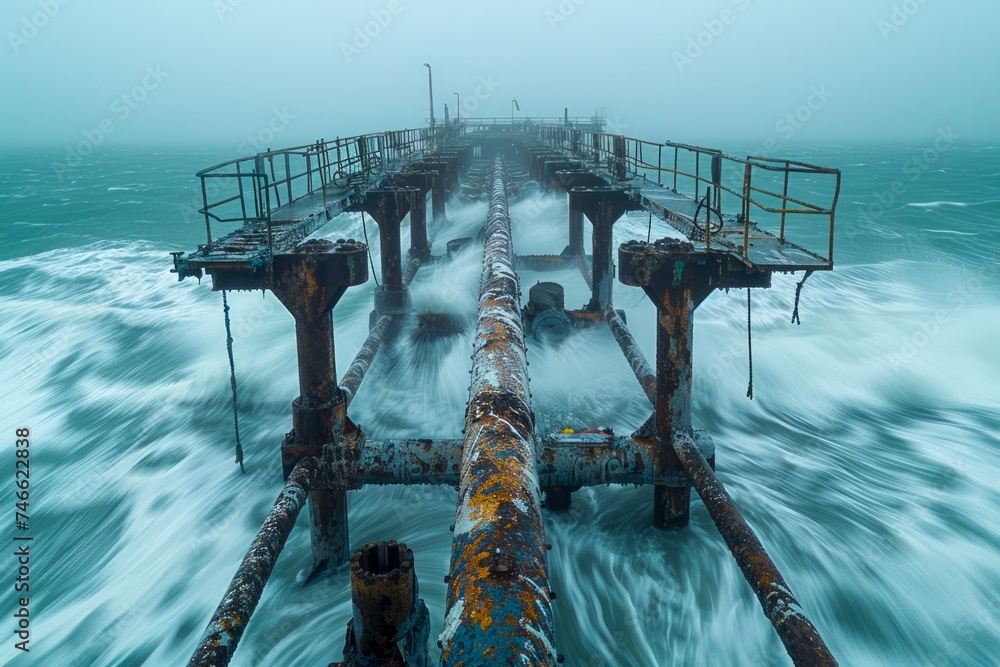 Stormy Seascape with Abandoned Weathered Metal Pier Amidst Turbulent Ocean Waves - obrazy, fototapety, plakaty 