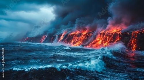 Dramatic Seascape with Fiery Lava Flows into Ocean under Storm Clouds - Nature s Power Unleashed